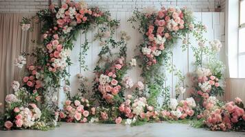 Lush floral decor with pink and white roses arranged vertically against a rustic wooden wall, blending natural beauty with vintage charm. photo