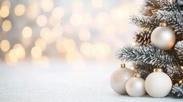 Close-up of a snow-covered Christmas tree with white and gold ornaments, framed by a soft, warm bokeh backdrop. photo