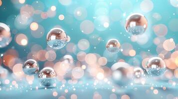 Floating silver spheres surrounded by a bokeh effect of soft, warm lights create a dreamy and ethereal abstract scene. photo