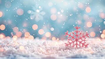 A pink glitter snowflake ornament resting on a bed of snow, surrounded by soft bokeh lights, creating a festive winter scene. photo