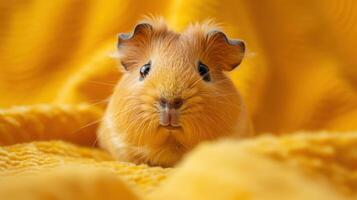 Cute guinea pig nestled in a yellow blanket, presenting a warm and cozy scene with its charming and expressive eyes. photo