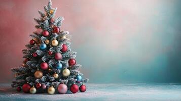 A small, frosted Christmas tree decorated with multicolored ornaments glows warmly against a soft, muted pink and blue background. photo