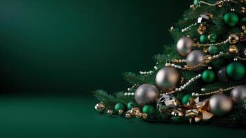 Christmas tree branches adorned with green, silver, and gold ornaments and beads, lying against a rich green backdrop. photo