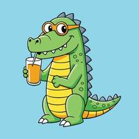 Adorable Crocodile Sipping Orange Juice while Wearing a Green Beanie vector