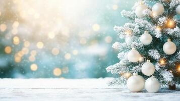 Snowy Christmas tree adorned with white ornaments and twinkling lights, with a softly glowing, festive background. photo