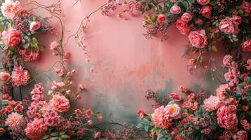 Floral composition featuring rich pink roses and greenery on a textured pink and teal background, blending natural beauty with artistic design. photo