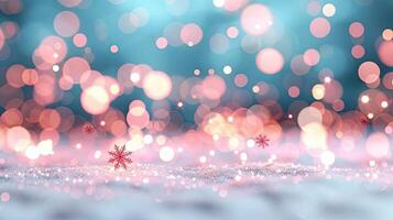 Tiny red snowflake ornaments scattered across a snow-covered surface with a backdrop of glowing bokeh lights, creating a dreamy winter holiday scene. photo