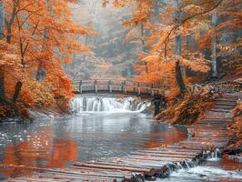 Autumn Bridge over Serene Waterfall photo