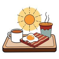 A delicious breakfast with sunny-side-up eggs. crispy bacon. toast. and a cup of coffee on a wooden vector