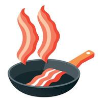 Fresh bacon frying cooking in non stick pan vector