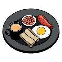 English breakfast on a plate with scrambled eggs. sausages. bacon. beans. toast and coffee on a dark vector
