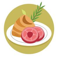 A plate of ham and bread with rosemary. vector