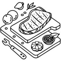 High angle view of a raw fresh beef steak on a wooden cutting board surrounded by various ingredient vector