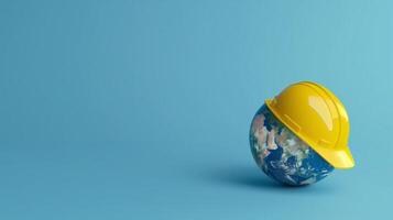 Globe world wearing yellow safety helmet worker labor engineering and industrial concept copy space photo