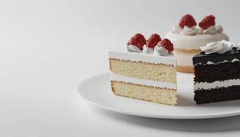 Cake slice with cream in white plate copy space background photo