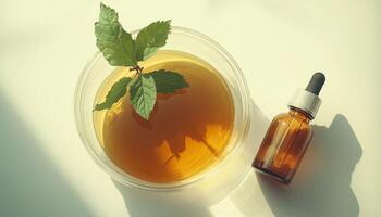 Patchouli extract oil organic aromatic extract leaves and glass serum bottle photo