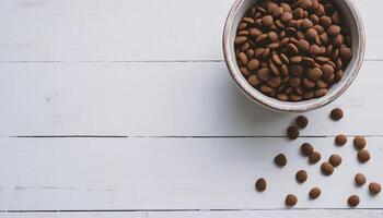 Brown cat food on bowl copy space background on white wooden table photo