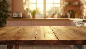 Brown wooden table kitchen counter display copy space with blurred light background photo