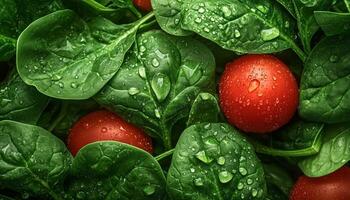 Spinach green closeup leaves and red tomato pattern vegetable agriculture background photo
