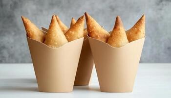Samosa crunchy snack fries on paper cup disposable take away in white table photo