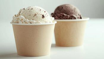 Ice cream scoop on craft paper cup disposable take away cold dessert in white table photo
