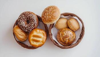 Bakery bagel, baguette, bun bread simple breakfast, flay lay on white table photo