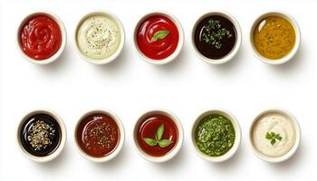 Different dip sauce spicy, soy sauce, and salty on white bowl photo