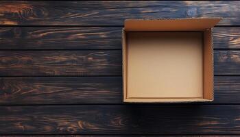 Flat lay brown empty open cardboard box carton package for packing copy space wooden background photo
