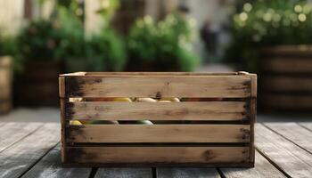 Wooden box carton for fruit package and packing delivery with wooden floor background photo