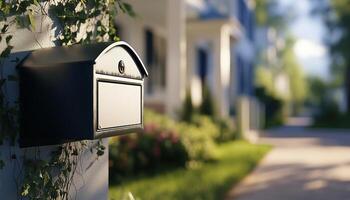 Mail box black metal in front fence house container shipment paper or news photo
