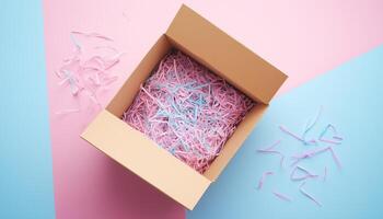 Cardboard box with shredded paper safety fragile product delivery shipment photo