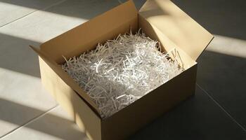 Cardboard brown box with shredded paper safety fragile product delivery shipment photo