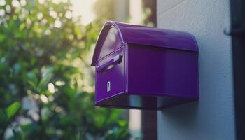 Mail box purple metal in front fence house container shipment paper or news photo