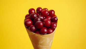 Fresh red cranberries on paper cone closeup yellow background photo