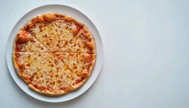 cheese pizza slice with topping on white plate and copy space background photo