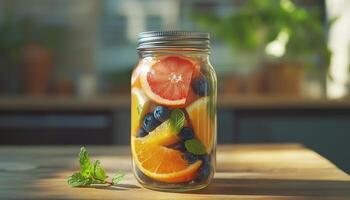 A glass jar filled with orange slices, grapefruit, blueberry and mint in wooden table photo