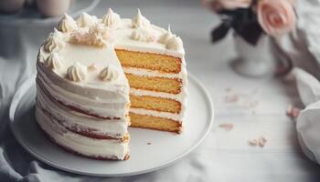 Layer cake bread cream vanilla on white plate photo
