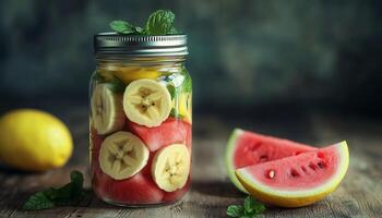 A glass jar filled with banana slices, orange and watermelon in wooden table photo