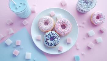 Donut and sugar cube sweet snack for party time on white plate flat lay background photo