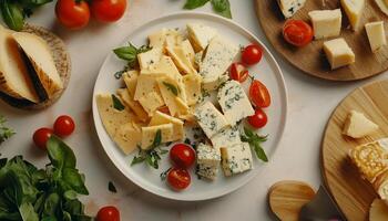 Cheese slice dairy product fresh topping meal on white plate flat lay photo