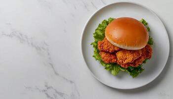 Fried chicken sandwich meal with bun bread and lettuce on white plate photo