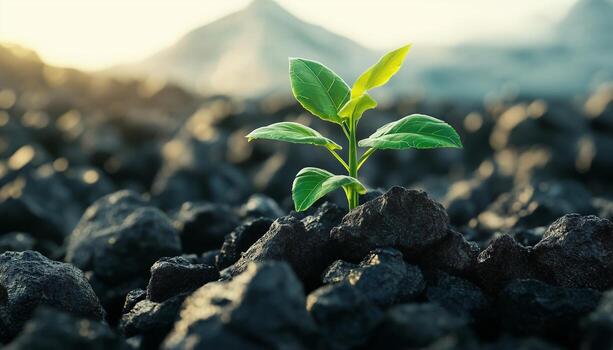 Tree shoots on coal rock replant conservation theme in mining field photo