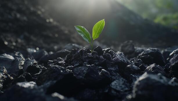 Tree shoots on coal rock replant conservation theme in mining field photo
