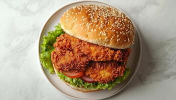 Fried chicken sandwich meal with bun bread and lettuce on white plate photo