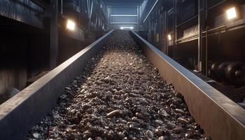 Coal rocks in conveyor bel moving transport ore material in mining industry photo