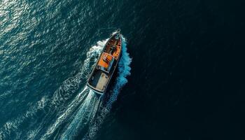 Fishing boat aerial view blue water clear for catch fish photo