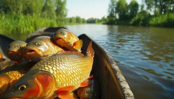 Fishing with net caught on wooden boat in river or lake photo