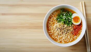 Ramen noddle with egg slice, chicken homemade for lunch on white bowl photo