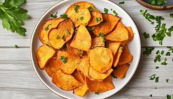 Pumpkin fried chips snack homemade in plate wooden background photo