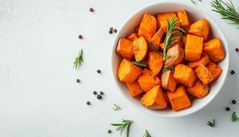 Sweet potato bite or slice grill or steam healthy real food on white bowl photo